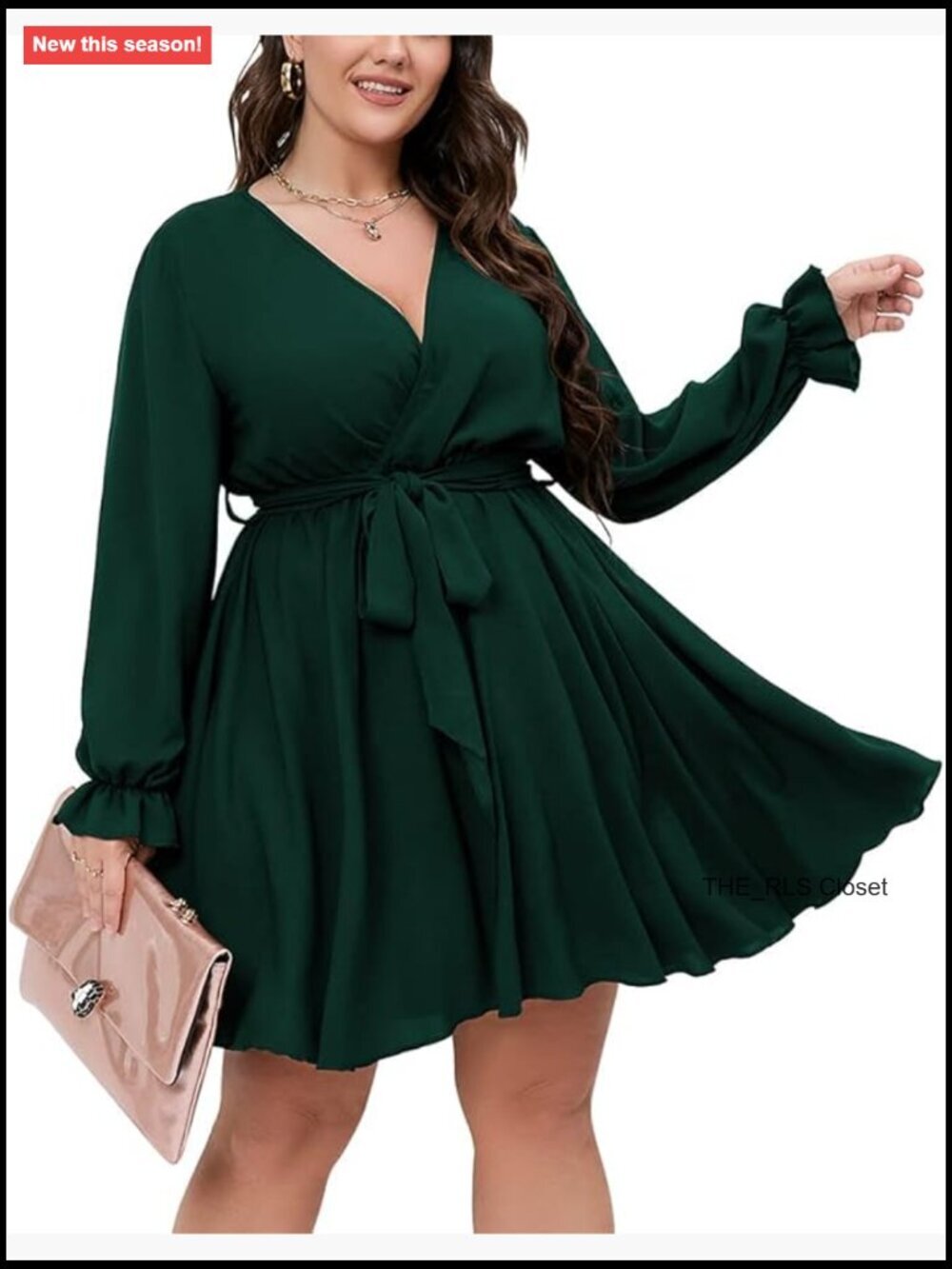Long Sleeve Wrap V Neck Tie Waist A Line Mini Dress Plus Size
